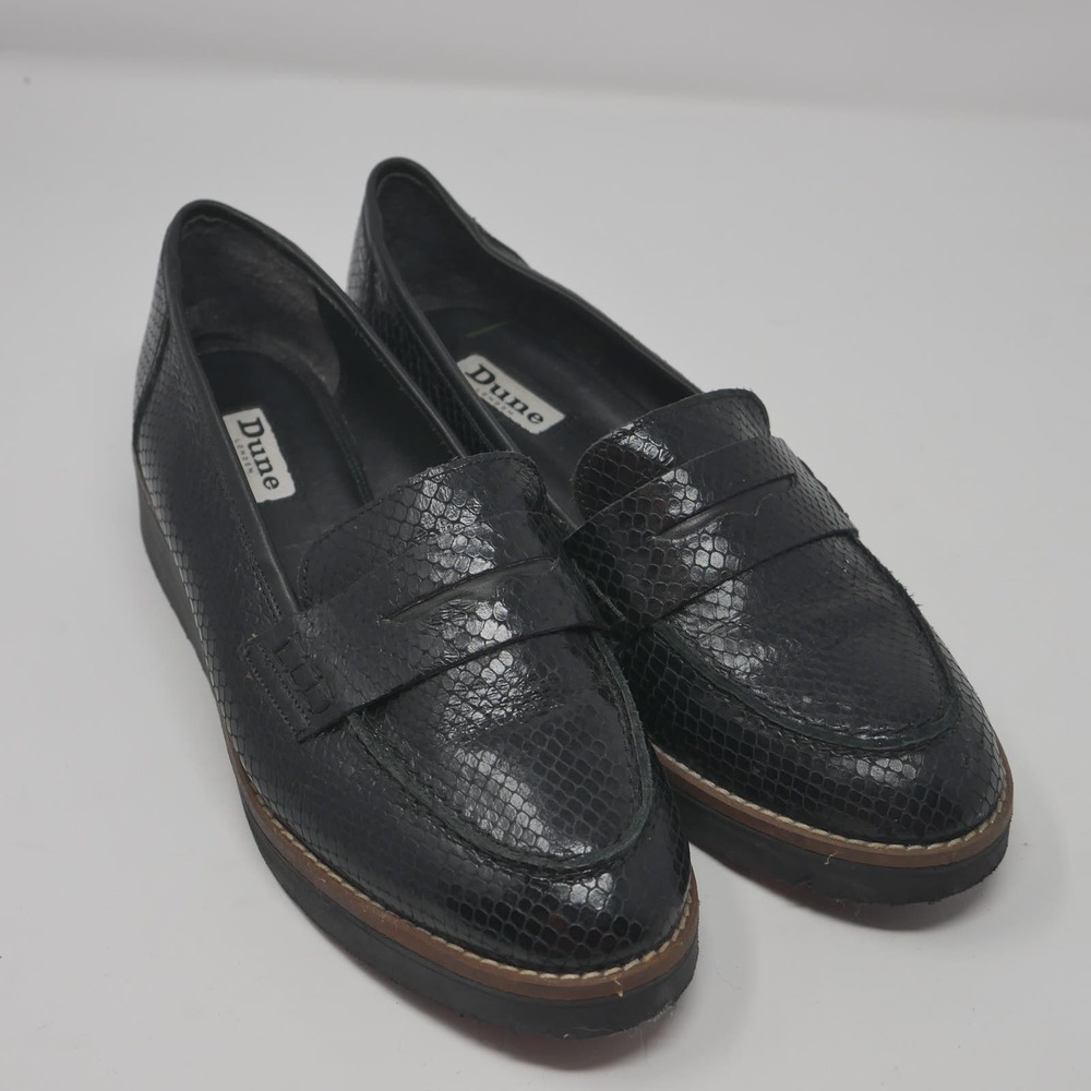 Dune London Womens Platform Penny Loafers Size 7 Black Leather Snake Skin Wedge